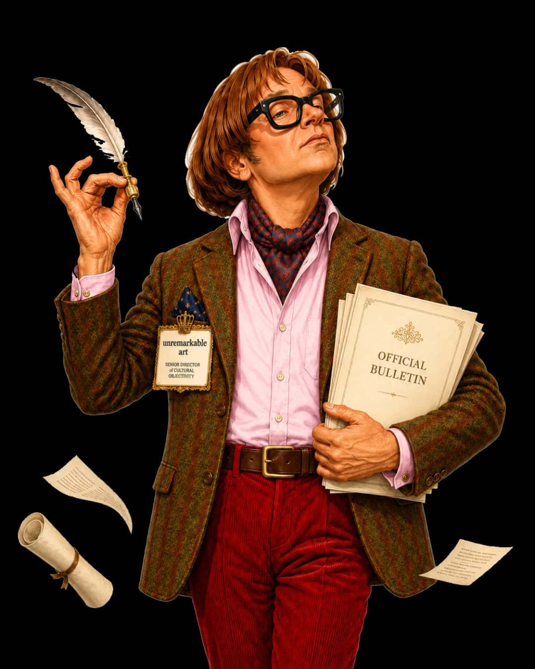 Nigel Ponceby-Smythe, quill in hand, clutching a stack of Official Bulletins