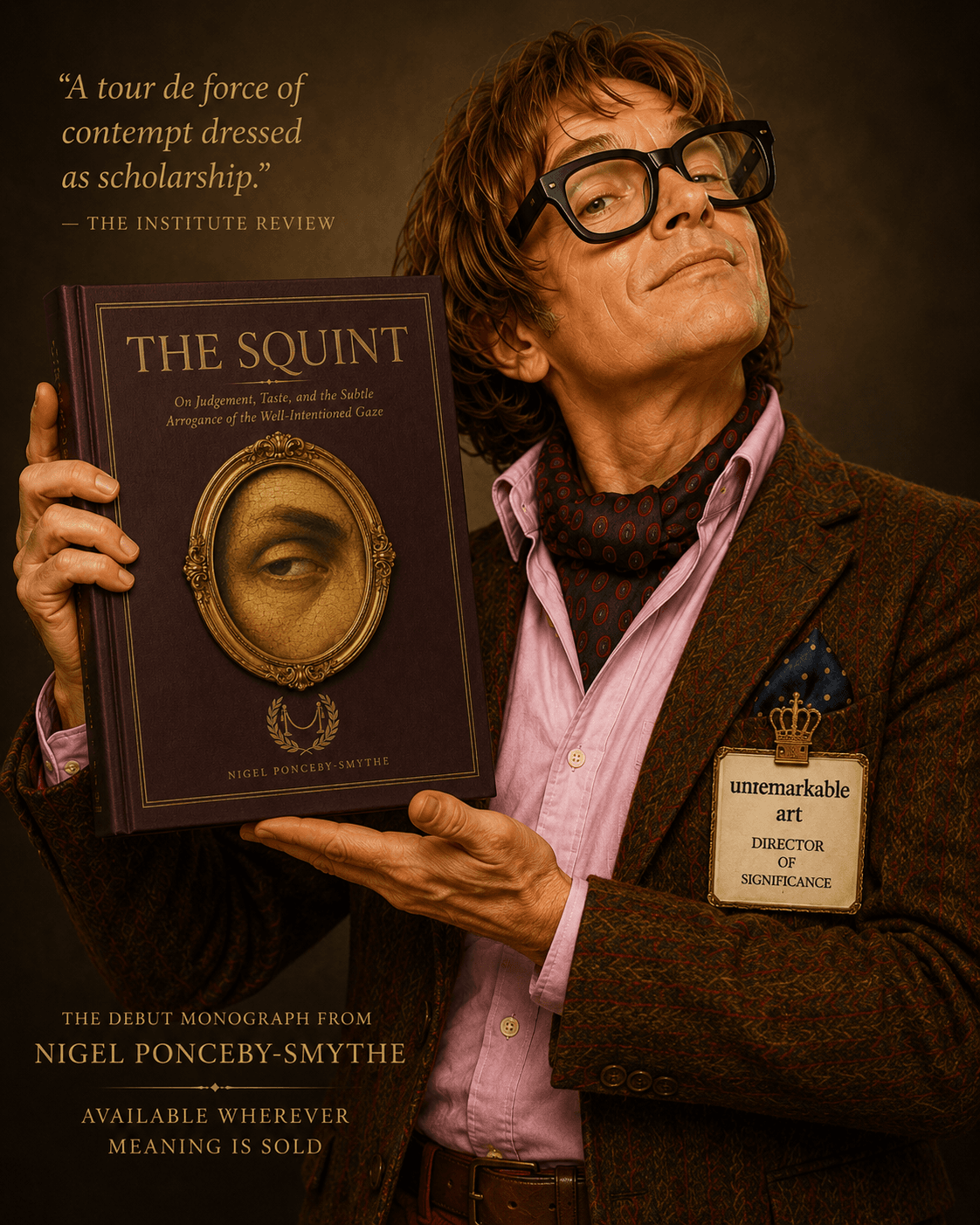Nigel Ponceby-Smythe presenting his book The Squint to camera with an unimpressed expression
