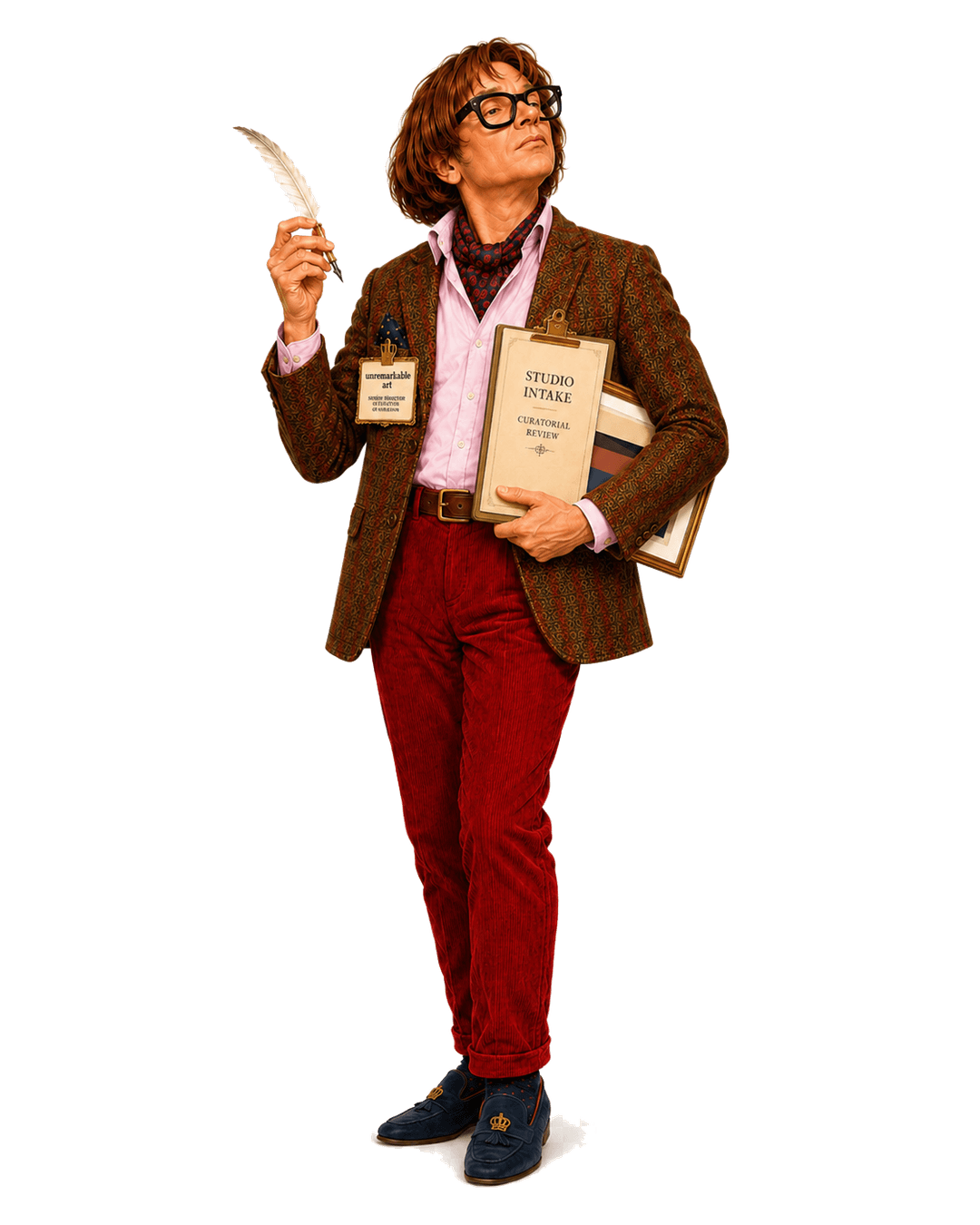 Nigel Ponceby-Smythe holding a Studio Intake clipboard, conducting a curatorial review
