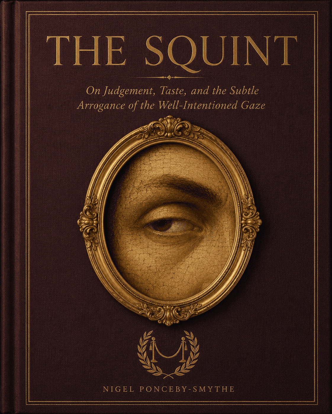 The Squint: the cover of Nigel Ponceby-Smythe's debut monograph, a squinting eye in a gilded frame on oxblood cloth